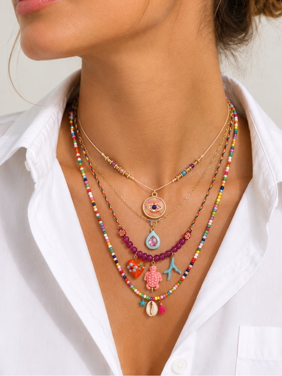 Jewelry - New! Coastal Colorful Evil Eye Necklace Dopamine Stack Set NWOT 5053